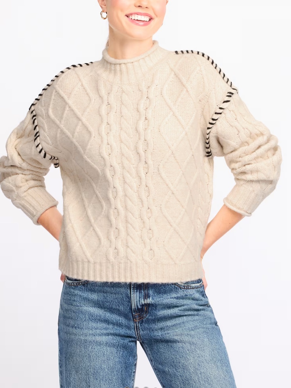 bobeau Cable-Knit Mockneck Sweater with Contrast Whipstitch